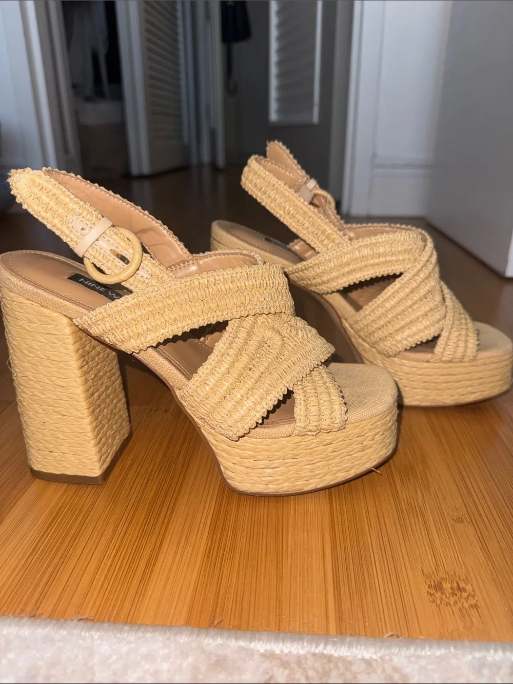 Nine West Natural Woven Platform Slingback Heels